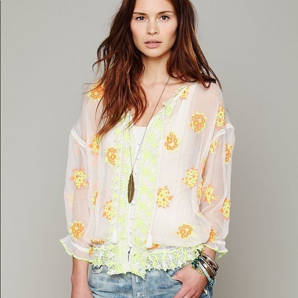 Free People Tops - Free People Embroidered Gauze Ruffle Blouse